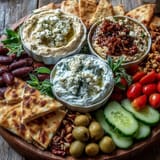 Colorful Mediterranean Brunch Board with Dips and Flatbreads on a wooden platter, topped with briny olives, mixed nuts, and fresh herbs like parsley.