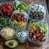 Colorful Meal Prep Burrito Bowl Base with sautéed peppers, corn, and fresh toppings ready for weekly meal planning.