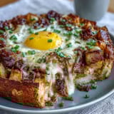Hearty overnight Amish breakfast casserole with sausage, eggs, and melted cheese ready for a crowd.