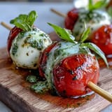Caprese skewers with pesto drizzle showcase cherry tomatoes, mozzarella, and basil on wooden picks, finished with vibrant green basil pesto.