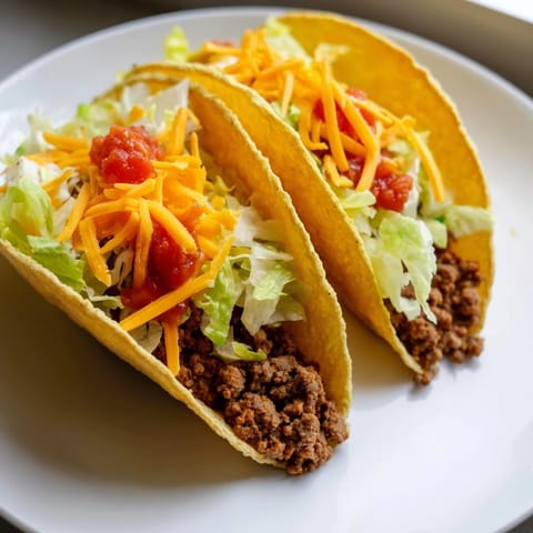 Close-up of delicious beef tacos, overflowing with seasoned ground beef and crunchy, colorful extras.