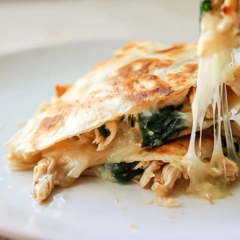 Close-up of a warm Chicken and Spinach Quesadilla revealing juicy chicken and tender spinach tucked inside a toasted flour tortilla.  