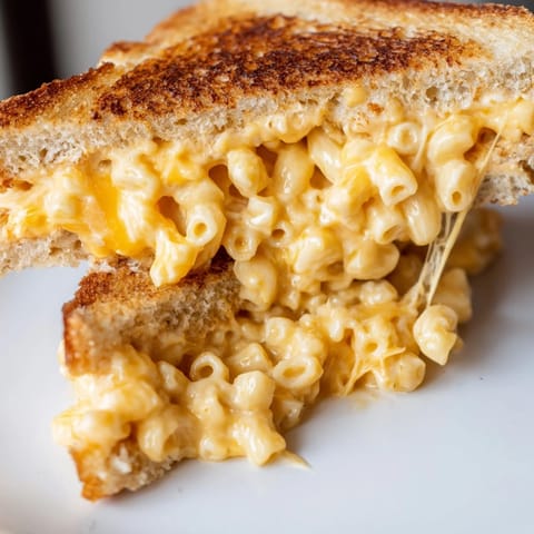 Freshly made macaroni and cheese is layered between slices of bread, then grilled until golden and melty.  