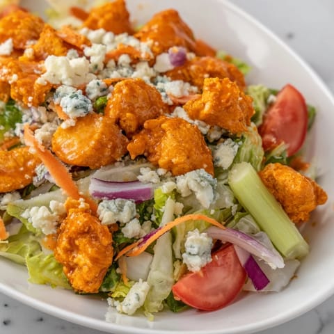 Buffalo Chicken Chopped Salad with spicy chicken, crisp romaine, and creamy blue cheese crumbles.  