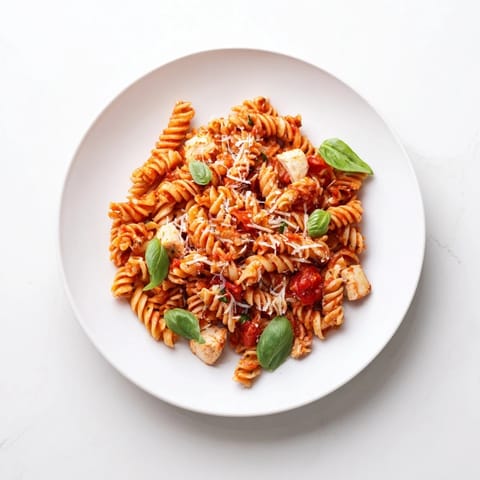 Steaming Tomato Basil Chicken Pasta served on a white plate, showing tender chicken and penne tossed in a chunky tomato sauce with visible garlic and basil.