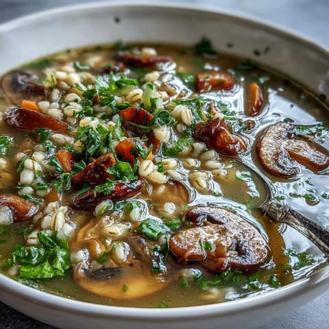 A bowl of hearty mushroom and barley soup garnished with fresh parsley and a lemon wedge, steam rising gently.  