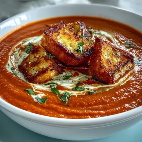 Roasted Tomato Soup With Crispy Croutons served hot with a grilled cheese sandwich for dipping on a rustic table.