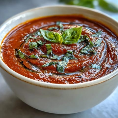 Velvety red Tomato and Basil Soup simmering in a pot, releasing steam with aromatics like garlic, onions, and fresh basil leaves.  