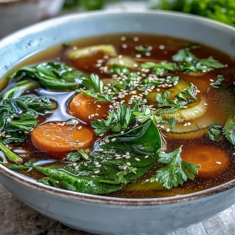 A steaming bowl of Collagen-Boosting Broth with tender carrots, zucchini, and vibrant turmeric-infused broth.