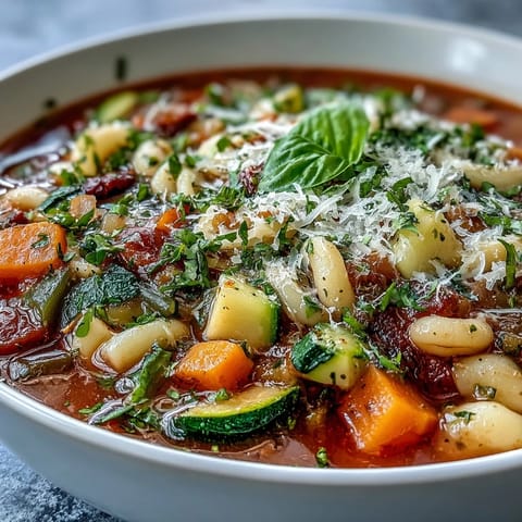 Warm bowl of Minestrone Vegetable Soup topped with fresh parsley and Parmesan.