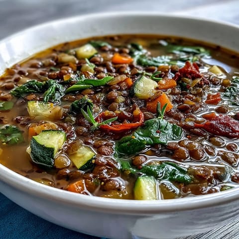 A colorful pot of Lentil and Vegetable Soup, brimming with carrots, zucchini, and greens in a savory broth.  
