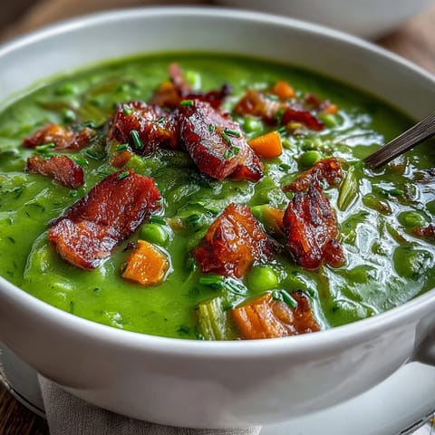 A steaming bowl of creamy Split Pea Soup, garnished with fresh thyme and a crusty bread slice for dipping.