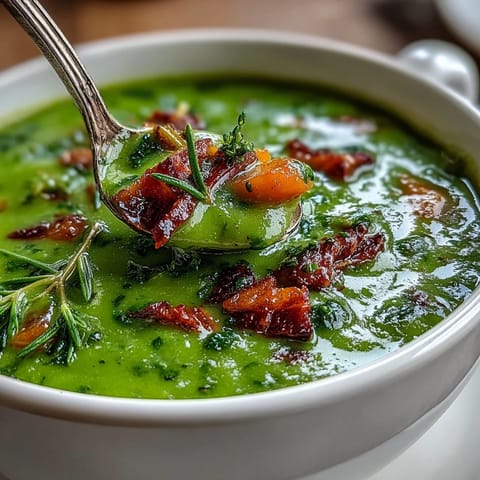 Split Pea Soup simmering in a pot, revealing soft green peas, diced carrots, and chunks of savory smoked ham.