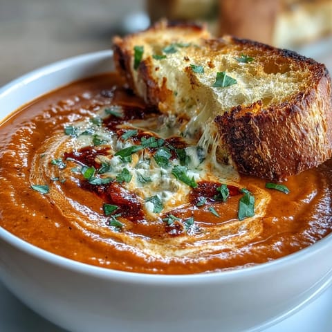 A bowl of Roasted Red Pepper Soup, vibrant red-orange with a swirl of yogurt and fresh herbs on top.  