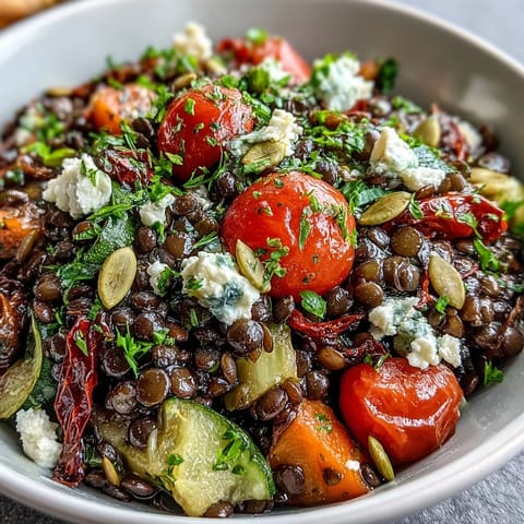 A hearty bowl of warm Black Lentil Salad topped with crumbled feta, fresh parsley, and toasted pumpkin seeds.  