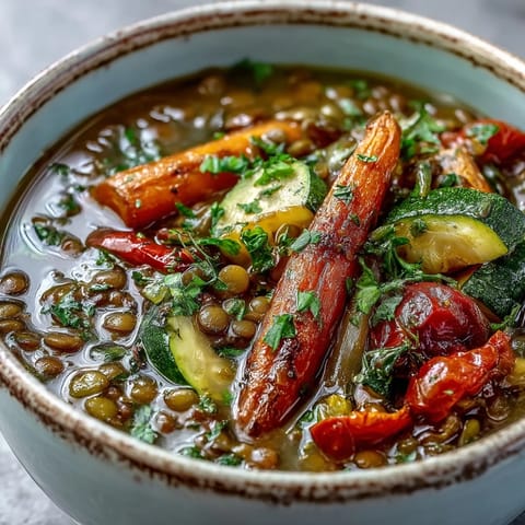 Hearty Lentil and Vegetable Soup simmering in a pot, featuring roasted carrots and zucchini over a creamy lentil base.  