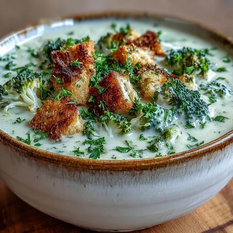 Creamy Cauliflower and Broccoli Soup topped with golden, crunchy croutons, fresh parsley, and grated Parmesan cheese, served hot in a rustic bowl.