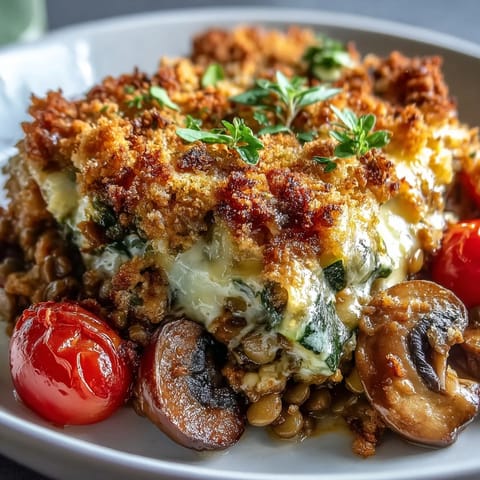 Savory Green Lentil and Vegetable Casserole paired with a crisp green salad and crusty gluten-free bread.