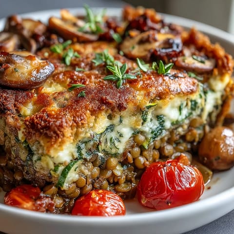 Freshly baked Green Lentil and Vegetable Casserole with golden Parmesan and breadcrumb topping, served hot from the oven.