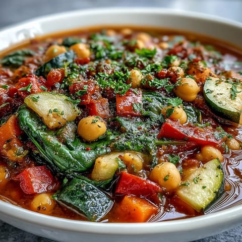 Bright orange carrots and green spinach float in a bubbling Chickpea Stew, served in a rustic bowl with a lemon wedge.