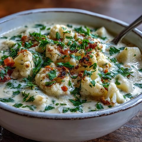 Hearty Vegetarian Cauliflower Chowder simmering with potatoes, carrots, and cauliflower in a warm pot.