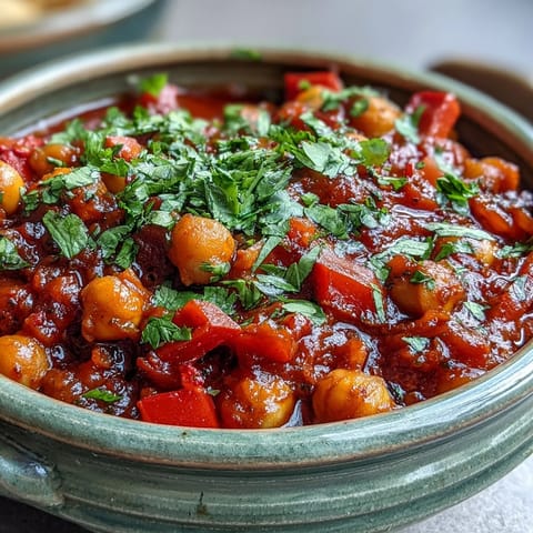 Fork-tender chickpeas in a rich, aromatic tomato broth, garnished with fresh parsley and spices.
