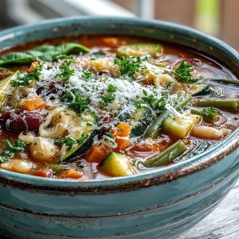 Hearty Minestrone Vegetable Soup with tender pasta, beans, and wilted spinach, served in a cozy bowl.