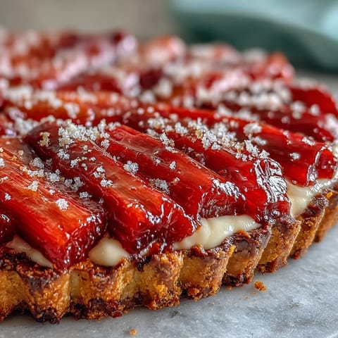 Fresh-baked Rhubarb, White Chocolate, and Elderflower Tart with a golden crust and vibrant roasted rhubarb stalks on a rustic wooden table.