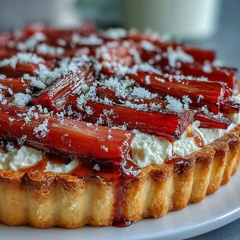 Slice of creamy Rhubarb, White Chocolate, and Elderflower Tart on a dessert plate, garnished with fresh strawberries and a drizzle of cordial syrup.