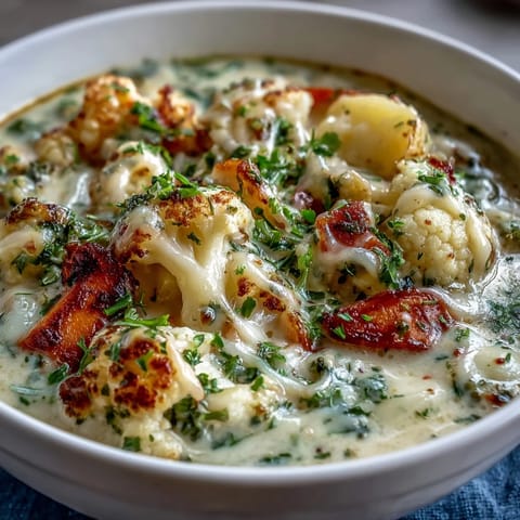 Steam rises from a bowl of chunky Vegetarian Cauliflower Chowder, served with a side of crusty bread.