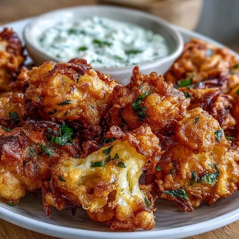 Golden, crispy Cauliflower Bhajis fritters are served with a cool, creamy mint yogurt dip on a plate.