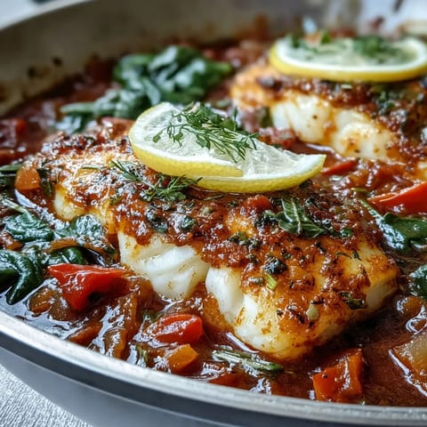 Spiced Cod One Pot plated with lemon wedges, cilantro, and fluffy couscous for dinner.