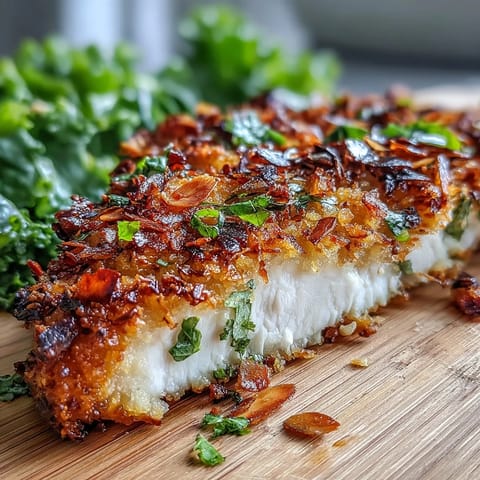 Tender almond-crusted chicken breasts sit atop a fresh kale and sumac salad, garnished with toasted slivered almonds.