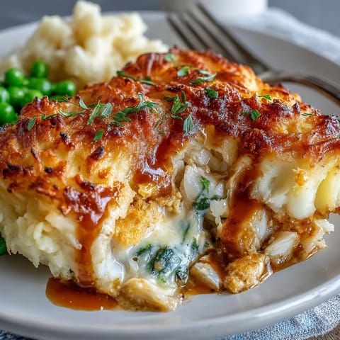 Steam rises from a generous slice of Curried Fish Pie, served hot on a dinner plate alongside fresh greens and a crisp salad.