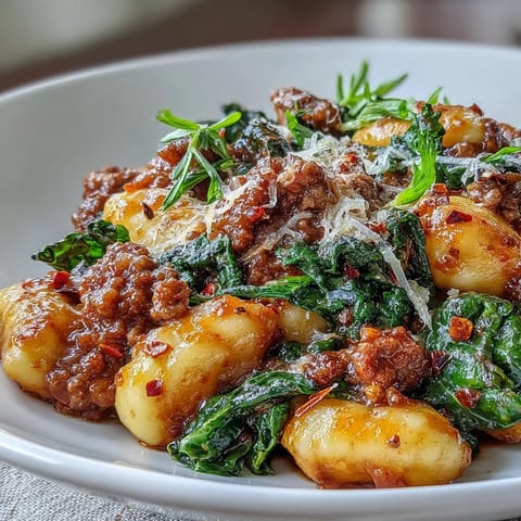 Sizzling spicy Italian sausage and wilted kale mixed into Sausage Gnocchi with Kale.