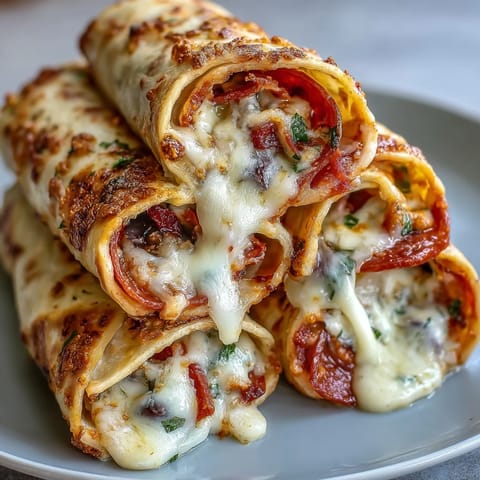 Golden-baked Tortilla Pizza Rolls display a crispy spiral of mozzarella, pepperoni, and bell peppers on a baking sheet. 