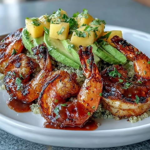 Grilled shrimp with smoky paprika sits next to creamy avocado slices and fluffy quinoa in a bright bowl, all topped with mango salsa and a drizzle of lime chili sauce.