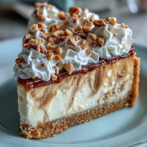 A slice of Nutter Butter cheesecake with a thick peanut butter swirl on a crisp cookie crust, topped with whipped cream and peanuts.