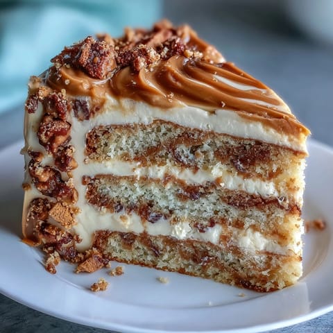 Close-up of Decadent Baked Biscoff Cake with Creamy Lotus Frosting, showcasing a velvety caramel drizzle.