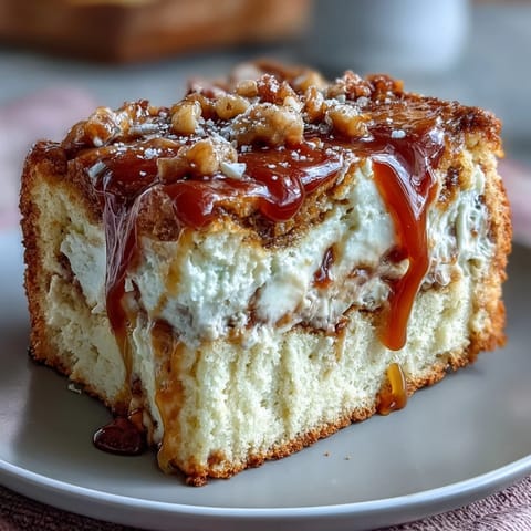 A close-up slice of Caramel Cream Cheese Bread reveals a decadent cream cheese center, drizzled caramel, and a tender, golden-brown crust.