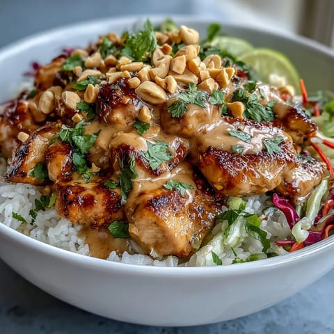 A vibrant Peanut Chicken Protein Bowl garnished with crisp red cabbage, carrots, and fresh cilantro.