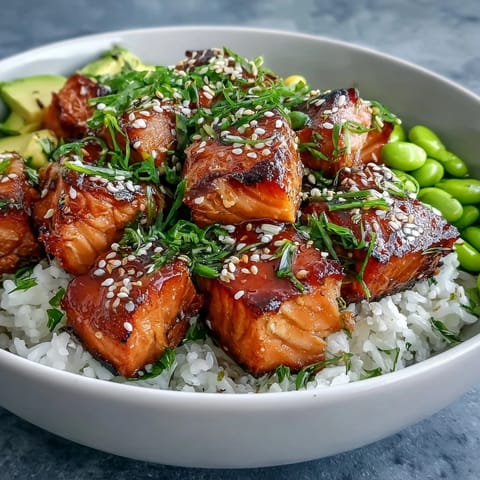 Close-up of golden-baked salmon cubes on fluffy jasmine rice, garnished with edamame, cucumber, and avocado slices for a colorful dinner.