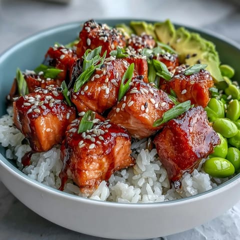 Spicy sriracha mayo drizzled generously over a freshly assembled Salmon Rice Bowl with toasted sesame seeds and bright green onions.