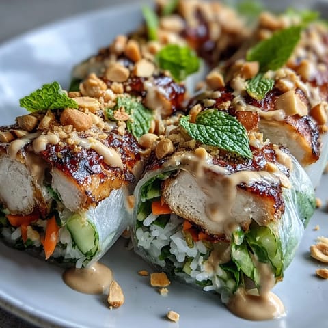 Freshly softened rice paper shards glisten over crisp vegetables and grilled chicken, all drizzled with creamy peanut sauce in this vibrant deconstructed Rice Paper Roll Bowl.