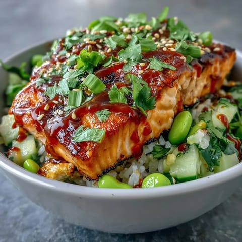 Flaky baked salmon and vibrant cucumber-edamame salsa over steamed rice, drizzled with creamy bang bang sauce.