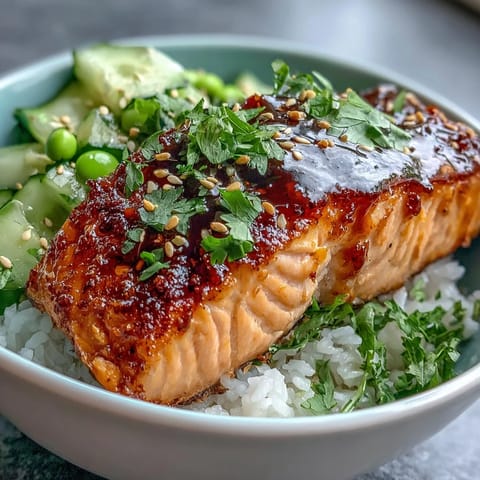 A close-up of a Bang Bang Salmon Bowl showing golden salmon, fresh greens, and a spicy white drizzle.