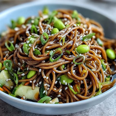 This vibrant soba noodle bowl features crisp cucumber, carrots, and scallions, topped with toasted sesame seeds for added crunch.