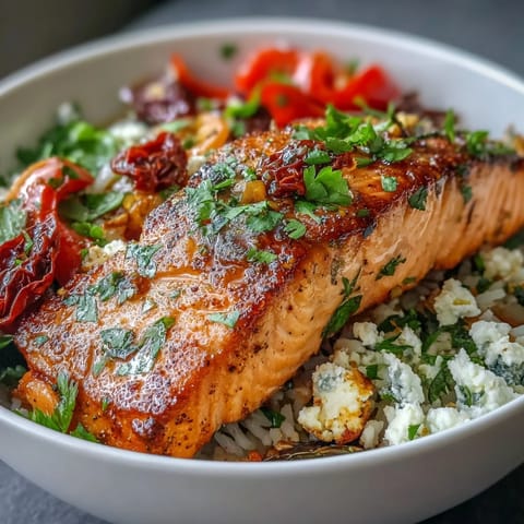 A vibrant Mediterranean salmon bowl with crispy rice, tender salmon, colorful baby bell peppers, and creamy feta cheese.