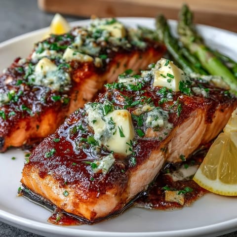 Garlic Butter Salmon with Asparagus sizzling on a baking sheet, golden butter sauce glistening over tender fillets and crisp green spears.