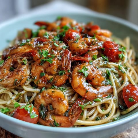 Creamy one-pot garlic shrimp with angel hair pasta, bright lemon zest, and fresh vegetables in a savory broth.